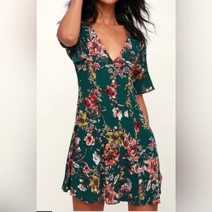 Lulu’s Garden of Delight Forest Green Floral Print Button-Front Dress